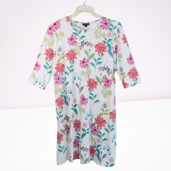 J. Jill Floral Print Dress Stretchy Knit Hawaiian Blooms Cream Background - Picture 1 of 13